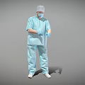 A Man in Blue Surgical Scrubs Wearing Surgical Cap Mask and Blue Gloves Standing