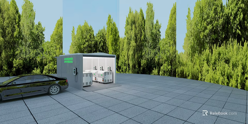 Solar Powered EV Charging Station With Green Trees And Parking Area 3d model 