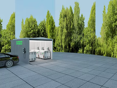 Solar Powered EV Charging Station With Green Trees And Parking Area 3d model
