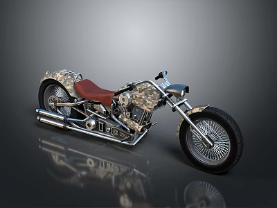 Custom Camouflage Pattern Motorcycle With Red Seat Chrome Parts And Large Wheels 3d model