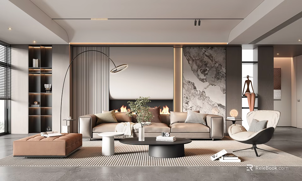Elegant Modern Living Room With Sofa Fireplace Marble Accent Wall Floor Lamp And Coffee Table 3d model 