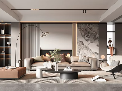 Elegant Modern Living Room With Sofa Fireplace Marble Accent Wall Floor Lamp And Coffee Table 3d model