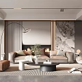 Elegant Modern Living Room With Sofa Fireplace Marble Accent Wall Floor Lamp And Coffee Table