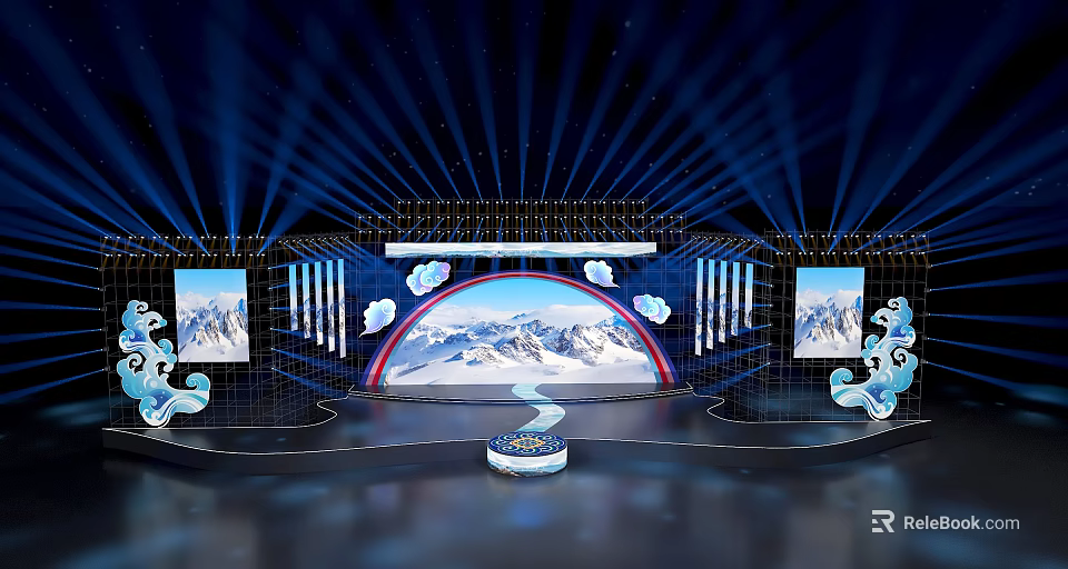 Stage Design With Blue Lighting Snow Mountain Background Rainbow Side Screens And Cloud Decorations 3d model