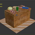Wooden Chest With White Mug Green Cup Sunglasses Book Blue Brush Pink Lid On Mat