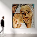 Gallery Portrait Painting of White Haired Woman Holding Baby with Background Figure and Walking Person