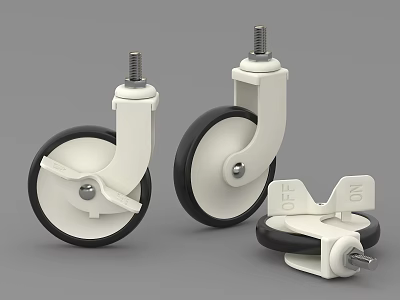White Casters Featuring Black Tire Wheels With Brake Function And Mounting Bolts 3d model