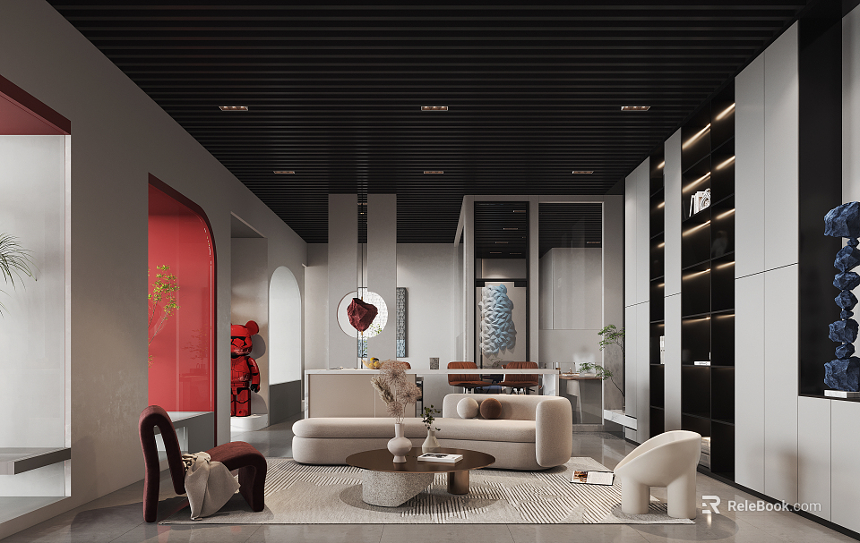 Modern Tea Room With Open Design Sofa Coffee Table Bookshelf Red Decor And Pendant Light 3d model 