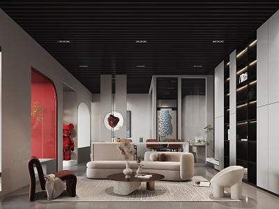 Modern Tea Room With Open Design Sofa Coffee Table Bookshelf Red Decor And Pendant Light 3d model