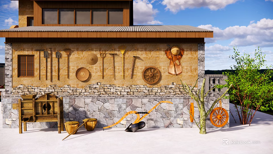 Rural Countryside Landscape With Traditional Farm Tools Stone Wall And Green Plants 3d model 