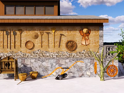 Rural Countryside Landscape With Traditional Farm Tools Stone Wall And Green Plants 3d model