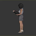 Professional Woman Holding Open Folder In Blue Shirt And Gray Skirt With White High Heels