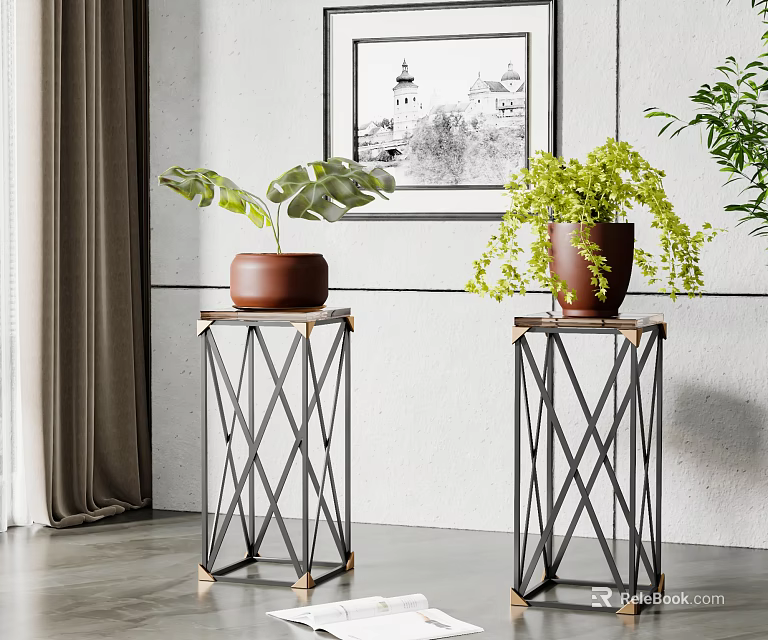 Two Potted Bonsai Plants on Black Geometric Metal Stands in Modern Interior 3d model 