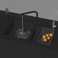 Black Double Bowl Kitchen Sink with Faucet Drying Rack and Oranges on Countertop