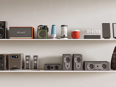 Modern Headphones and Speakers With Various Styles and Colors on Shelf 3d model