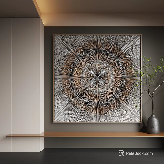 Abstract Painting With Radial Brown Gray Beige Design Light Wall Wooden Shelf Gray Vase Plant 3d model 