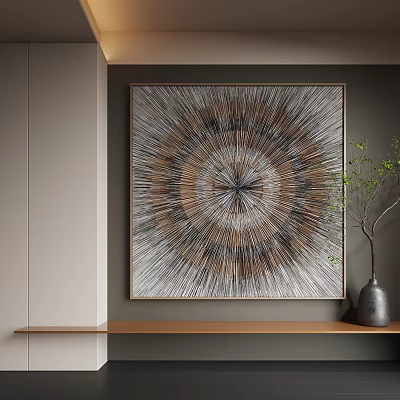 Abstract Painting With Radial Brown Gray Beige Design Light Wall Wooden Shelf Gray Vase Plant 3d model