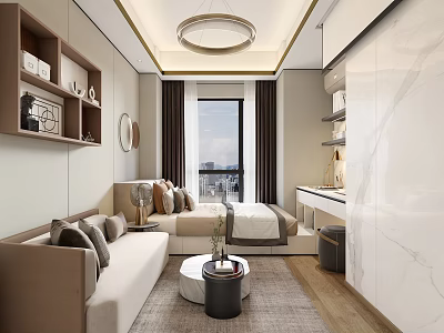 Elegant Modern Apartment Interior With Sofa Bed Built in Bookshelves And City View Window 3d model