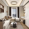 Elegant Modern Apartment Interior With Sofa Bed Built in Bookshelves And City View Window