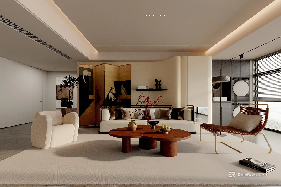 Elegant Modern Living Room Interior With Sofa Armchair Coffee Table And Area Rug 3d model 