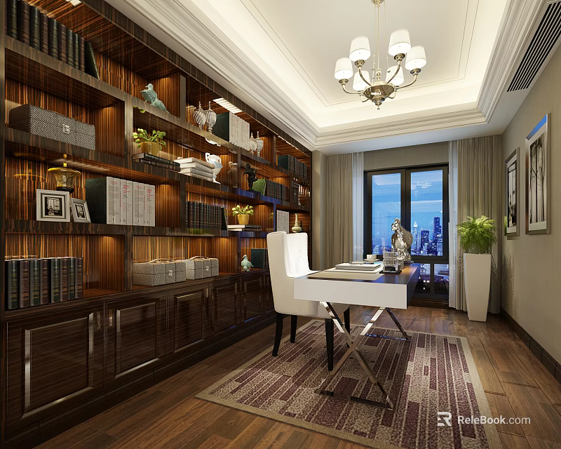 Elegant Luxury Home Study Interior With Built In Wooden Bookshelves And Modern Writing Desk 3d model 