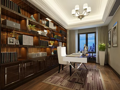 Elegant Luxury Home Study Interior With Built In Wooden Bookshelves And Modern Writing Desk 3d model
