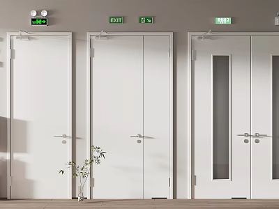 White Exit Doors With Silver Handles And Green Exit Signs In Modern Building Hallway 3d model