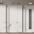 White Exit Doors With Silver Handles And Green Exit Signs In Modern Building Hallway