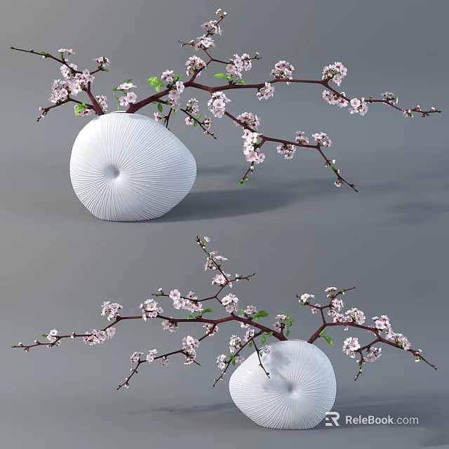 White Textured Vase With Pink Blossoms And Green Leaf Branches 3d model 