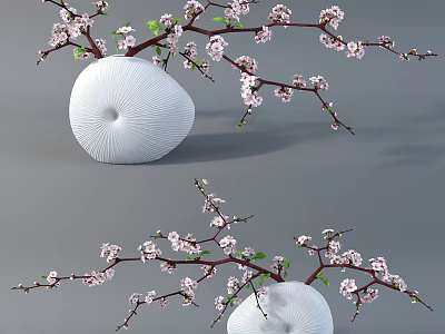 White Textured Vase With Pink Blossoms And Green Leaf Branches 3d model