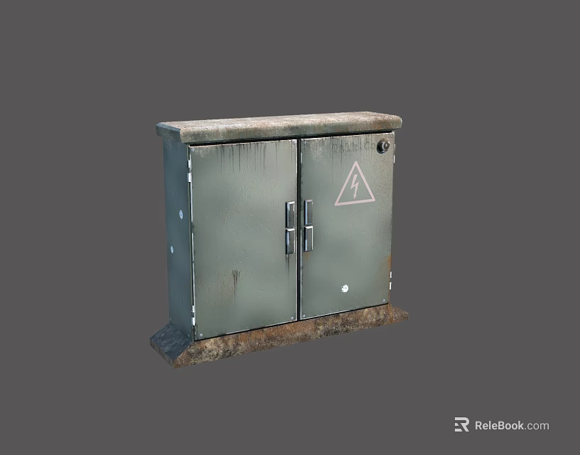 Outdoor Electrical Distribution Box With Double Door And Warning Sign On Rusty Surface 3d model 