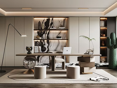 Modern Home Office Interior With Wooden Desk Laptop Floor Lamp And Cactus Plant 3d model