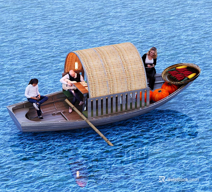 Wooden Boat With Bamboo Roof Carrying Three People And Fresh Produce On Blue Water 3d model 