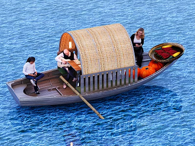 Wooden Boat With Bamboo Roof Carrying Three People And Fresh Produce On Blue Water 3d model