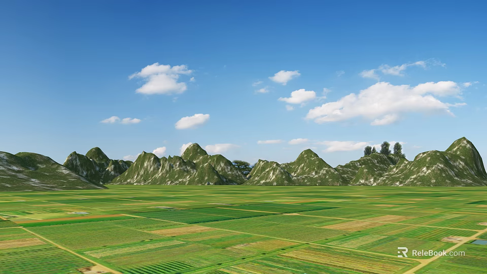 Scenic Rural Landscape With Green Fields Rolling Mountains Blue Sky And White Clouds 3d model 