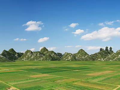 Scenic Rural Landscape With Green Fields Rolling Mountains Blue Sky And White Clouds 3d model