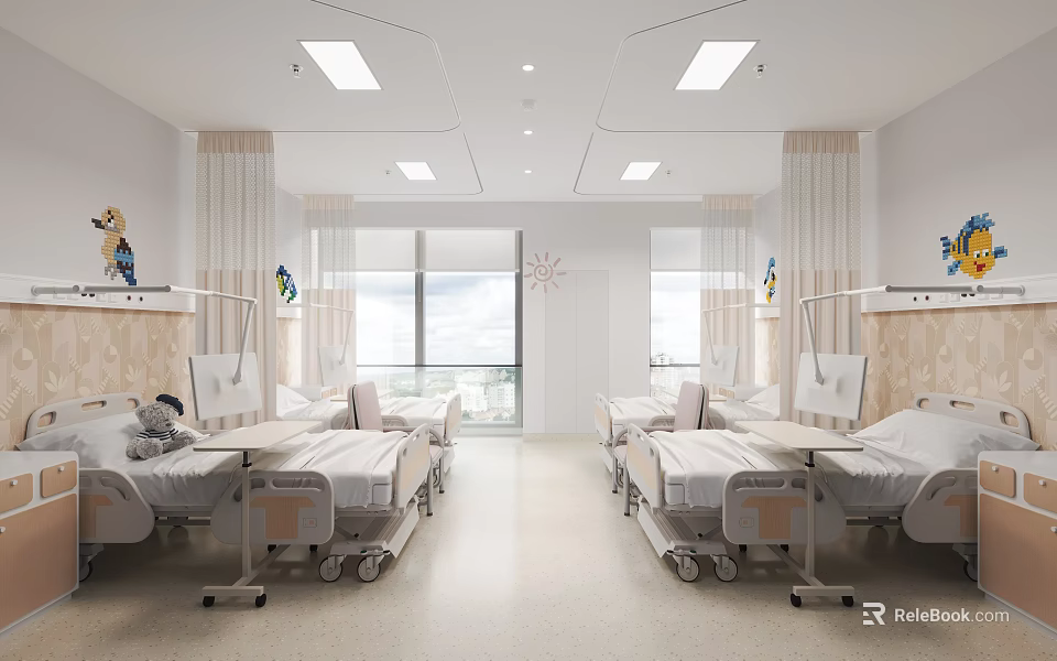 Bright Hospital Outpatient Pediatric Ward With Beds Natural Light And Decorations 3d model 