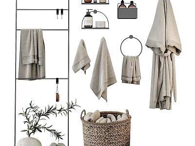 Bathroom Laundry Essentials With Linen Towels Bathrobe Storage Rack Wicker Basket And Plants 3d model