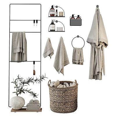 Bathroom Laundry Essentials With Linen Towels Bathrobe Storage Rack Wicker Basket And Plants 3d model