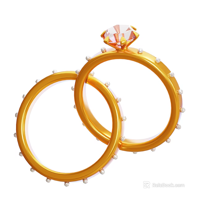 Decorative Jewelry Ornament Set Featuring Gold Rings with Pearl Accents and Pink Gemstone 3d model 