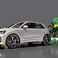 White Audi A4L Car Display Scene With Green Plants And Exhibition Stand