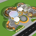 Pocket Park Landscape With Circular Structures White Canopies Yellow Green Pathways And People Activities