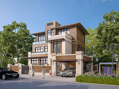 Modern Detached Villa Exterior With Two Story Design Garage Green Trees And Family 3d model