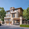 Modern Detached Villa Exterior With Two Story Design Garage Green Trees And Family