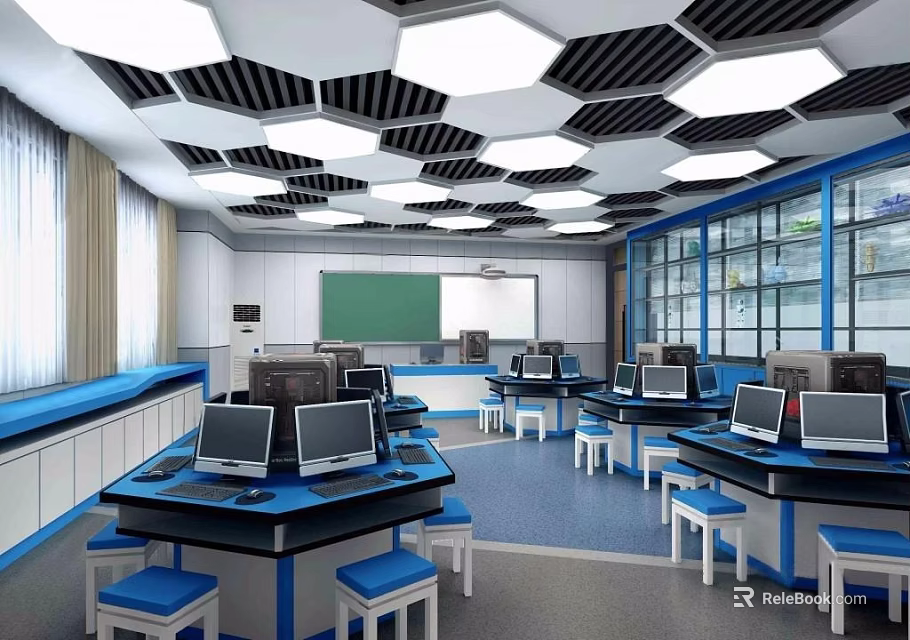 School Modern Classroom Interior With Computers Blue White Desks Green Blackboard And Hexagonal Ceiling Lights 3d model 