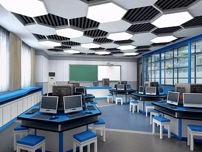 School Modern Classroom Interior With Computers Blue White Desks Green Blackboard And Hexagonal Ceiling Lights 3d model