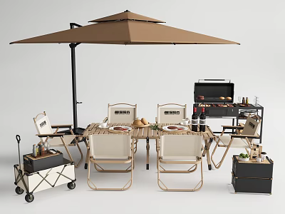 Outdoor Dining Chairs With Table Umbrella Grill And Tableware For Backyard Use 3d model