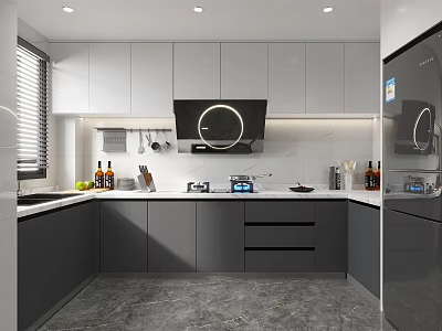 Modern Kitchen Interior With White Gray Cabinets Range Hood And Countertop 3d model