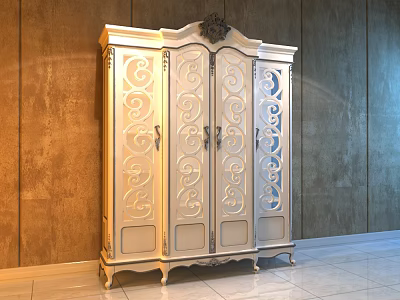 Classic Light Colored Wardrobe With Intricate Carved Patterns And Golden Decorative Trim 3d model