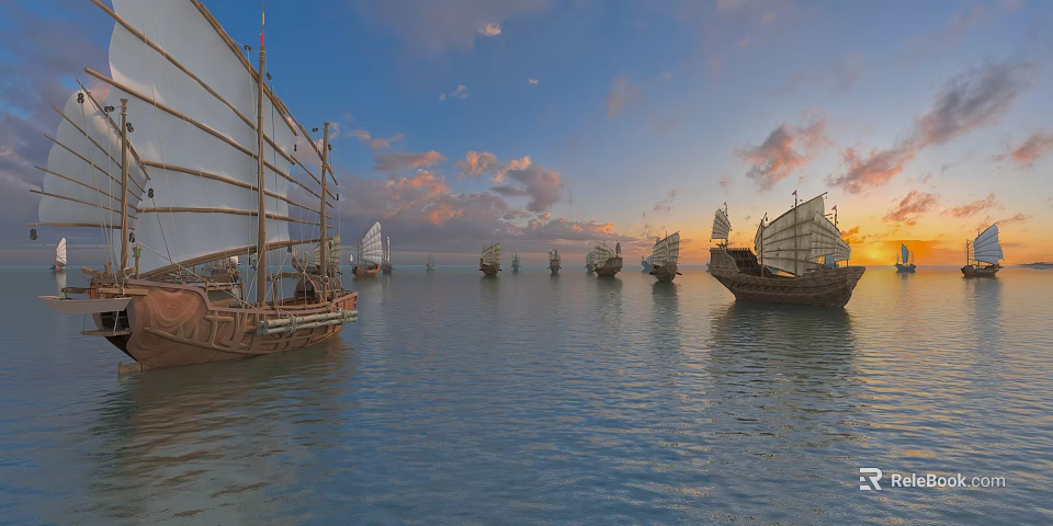 Fleet of Traditional Wooden Boats Sailing On Calm Water At Sunset Sky 3d model 